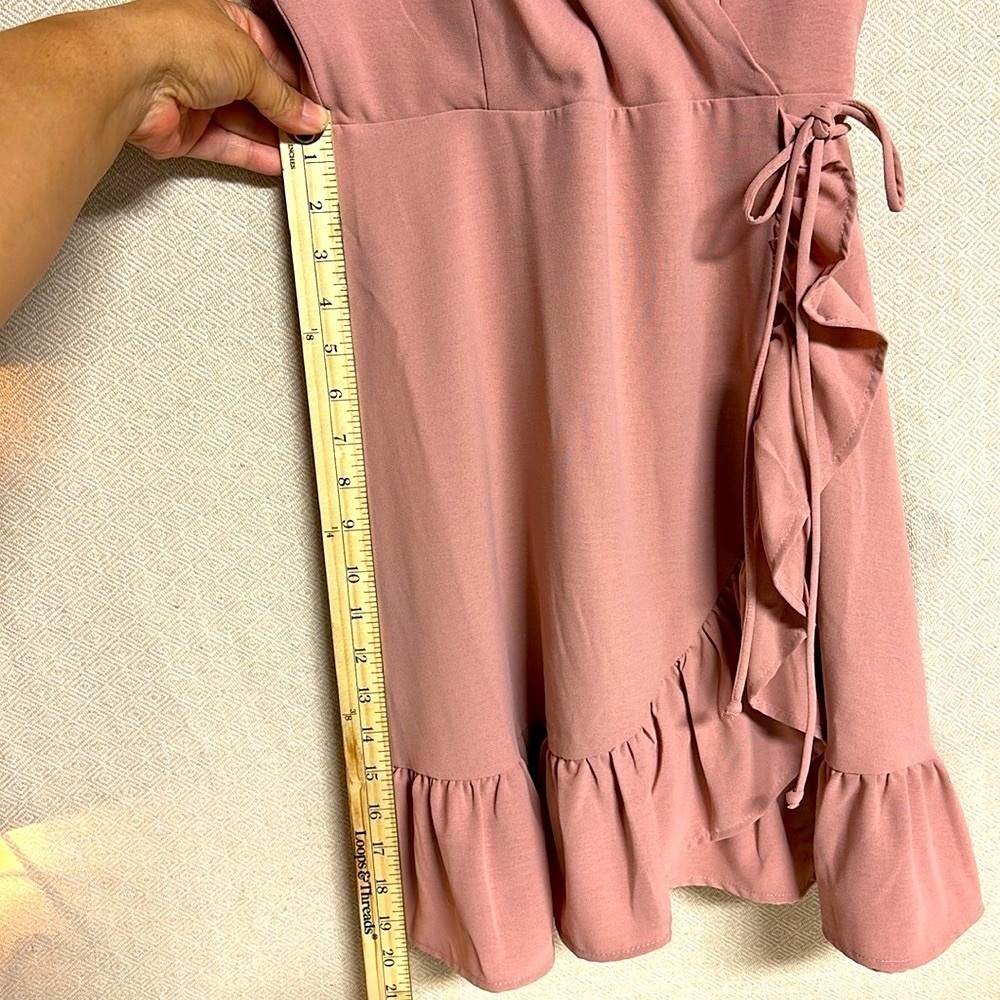 Blush Pink Wrap Mini Dress – Ruffle Hem, Adjustable Waist, Minor Flaw - Picture 10 of 11